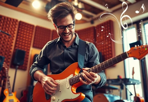 Engaging scene of music pitching featuring a passionate musician performing an electric guitar.
