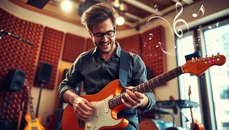 Engaging scene of music pitching featuring a passionate musician performing an electric guitar.