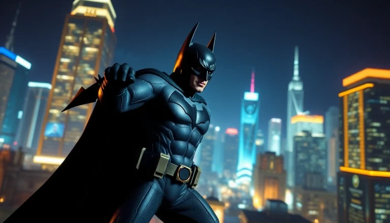 Bermain game batman138 dengan karakter Batman dalam aksi heroik di kota berdesain neon.