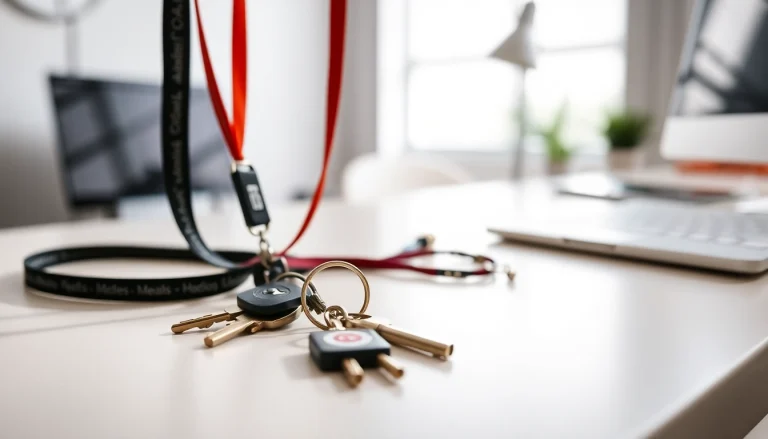 Lanyard keychain collection displayed on a desk, showcasing various styles and colors.