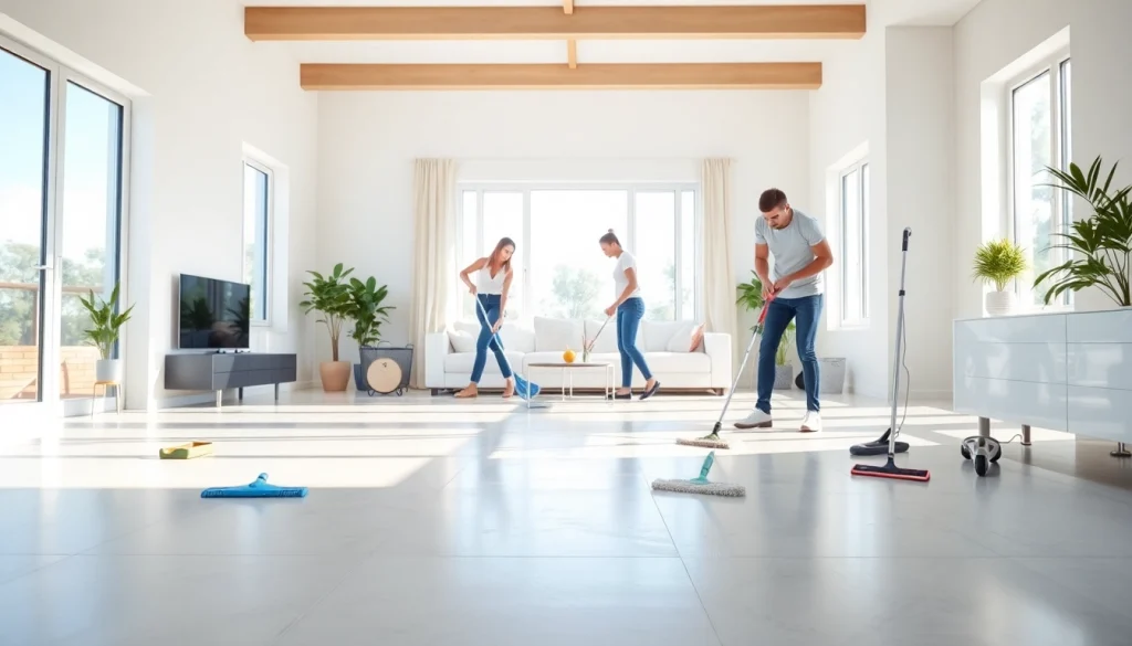 Bond cleaning in a bright home with professional cleaners showcasing thorough techniques.