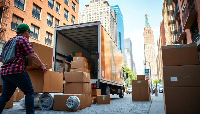 Movers handling boxes efficiently while providing cheap movers nyc services in a busy urban setting.