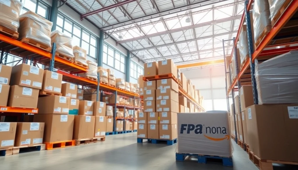 Streamlined Amazon FBA wholesale workspace with neatly organized products and vibrant lighting.