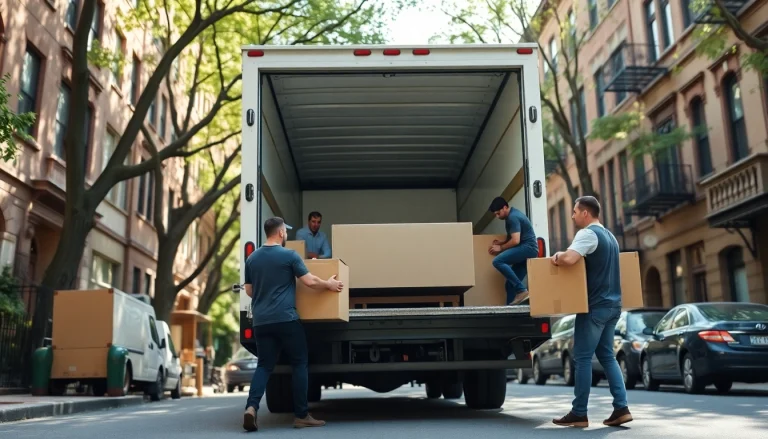 Brooklyn movers loading furniture in a cozy neighborhood, showcasing a friendly moving experience.
