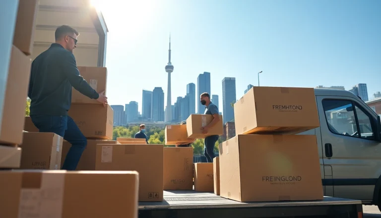 Movers in Toronto efficiently load boxes onto a truck during a move, showcasing moving Toronto services.