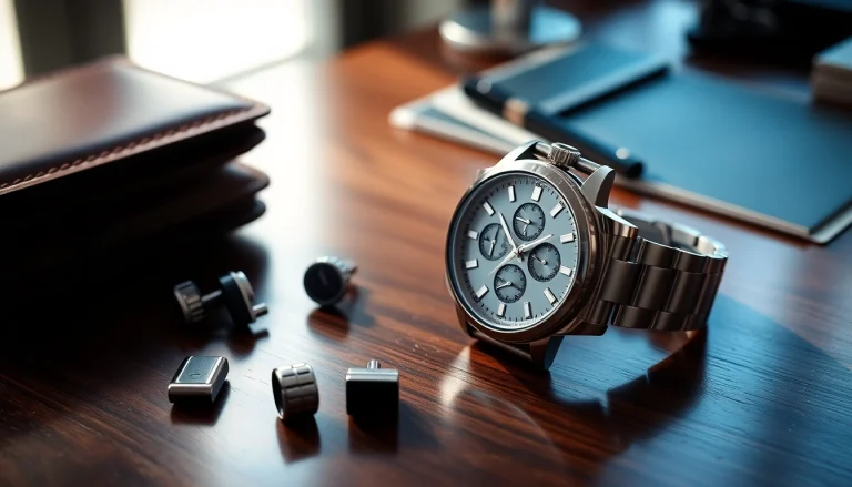Herren Armbanduhr elegant platziert auf einem Schreibtisch, umgeben von Accessoires.