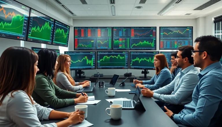 Engaging in social trading with diverse individuals collaboratively analyzing market trends in a modern office environment.