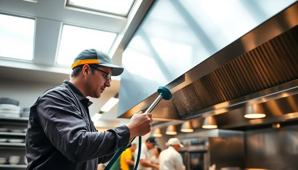 Technician executing Restaurant Exhaust Hood Cleaning service in a professional kitchen setting.