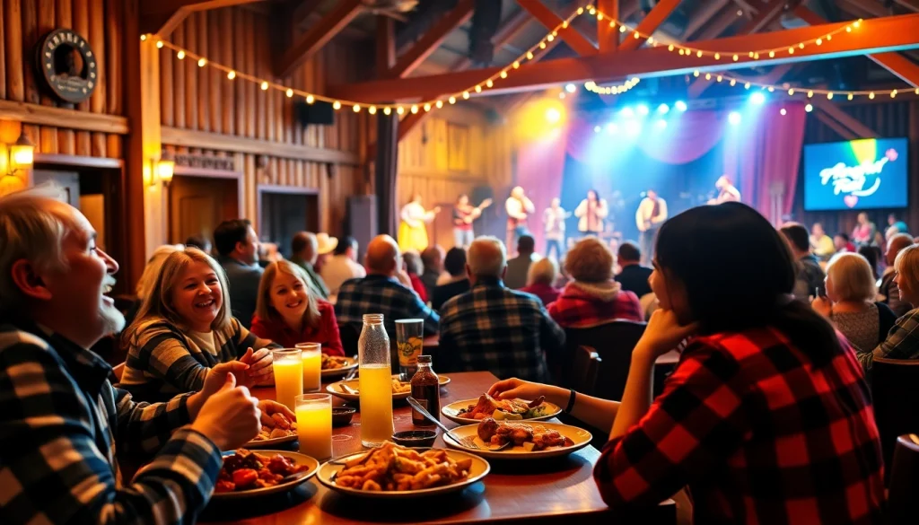 A family enjoys a warm evening at the firelight barn dinner theater with BBQ and live performances.