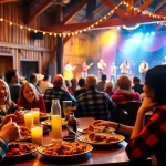 A family enjoys a warm evening at the firelight barn dinner theater with BBQ and live performances.