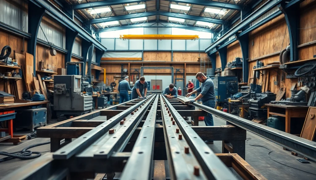 Craftsmen working in a steel fabrication shop, showcasing precision in metalwork and design.