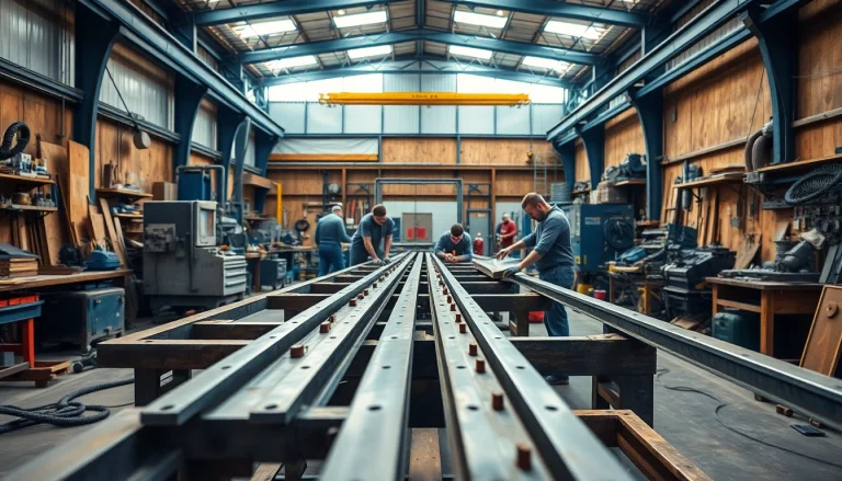 Craftsmen working in a steel fabrication shop, showcasing precision in metalwork and design.