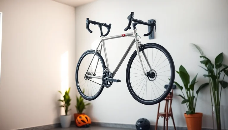 Store a bike securely on a stylish bike wall mount in a modern garage setup.
