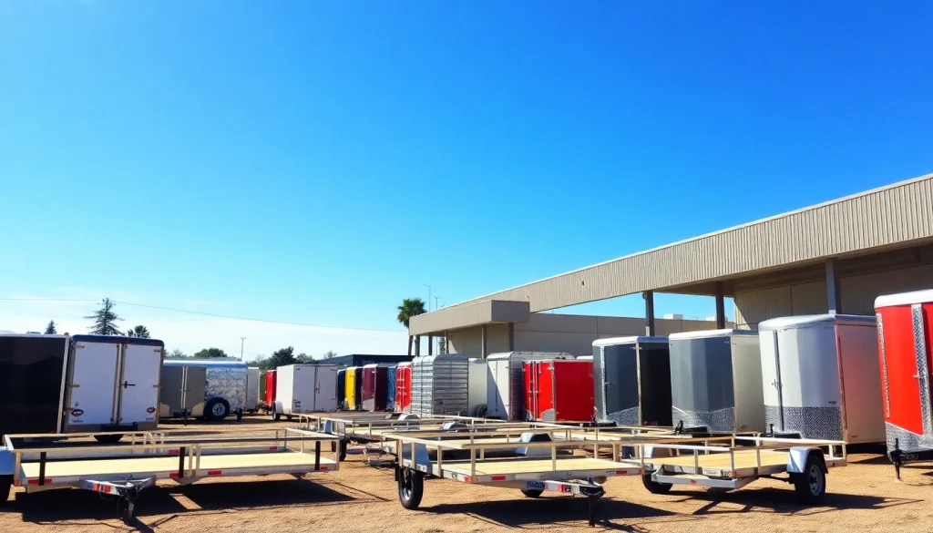 Find trailers near me showcasing diverse styles and options for sale in an inviting outdoor market.