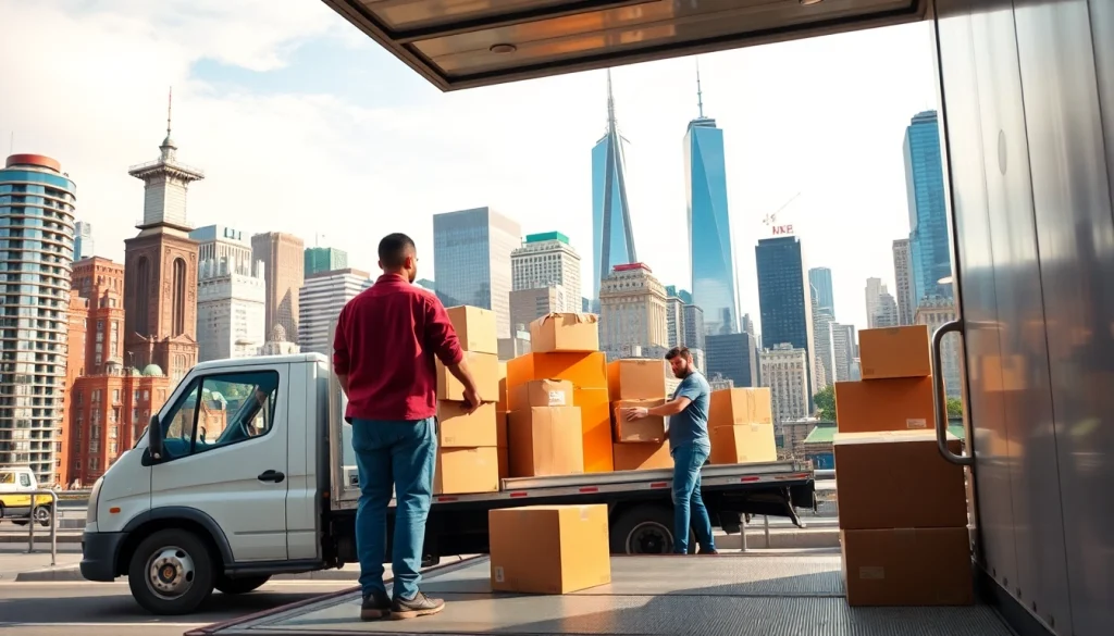 Moving company nyc professionals efficiently packing a truck during a busy NYC day.