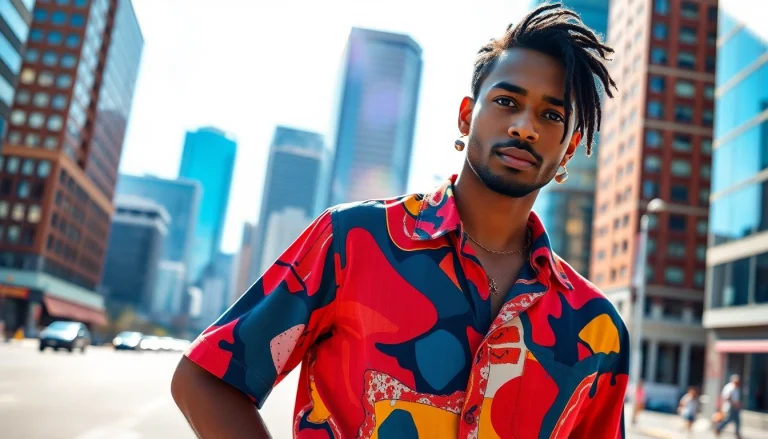 Showcase premium art clothing Calgary with a stylish model in an urban setting.