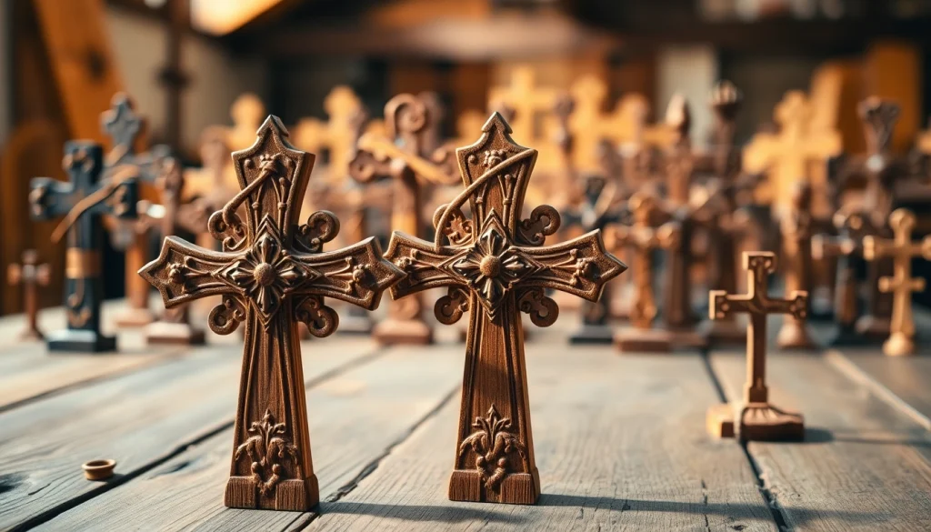 Handmade crosses elegantly displayed on a rustic table, showcasing unique designs and craftsmanship.