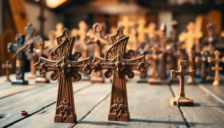 Handmade crosses elegantly displayed on a rustic table, showcasing unique designs and craftsmanship.