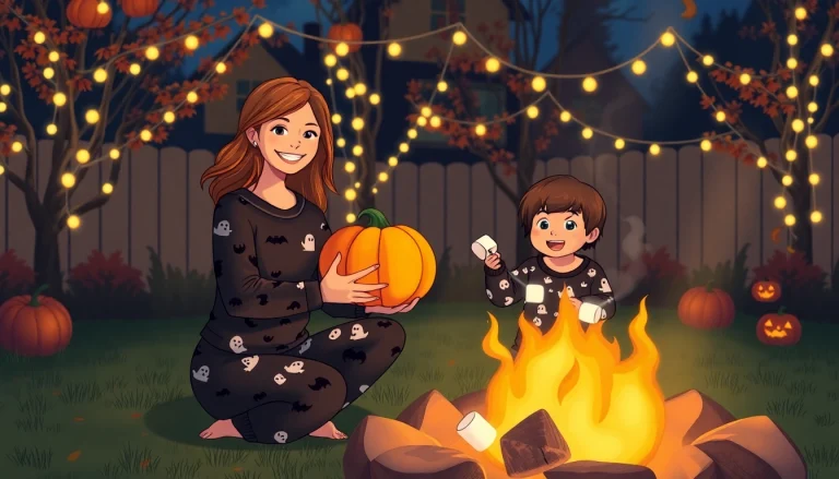 Family enjoying Halloween pj sets around a bonfire, celebrating cozy traditions and autumn vibes.