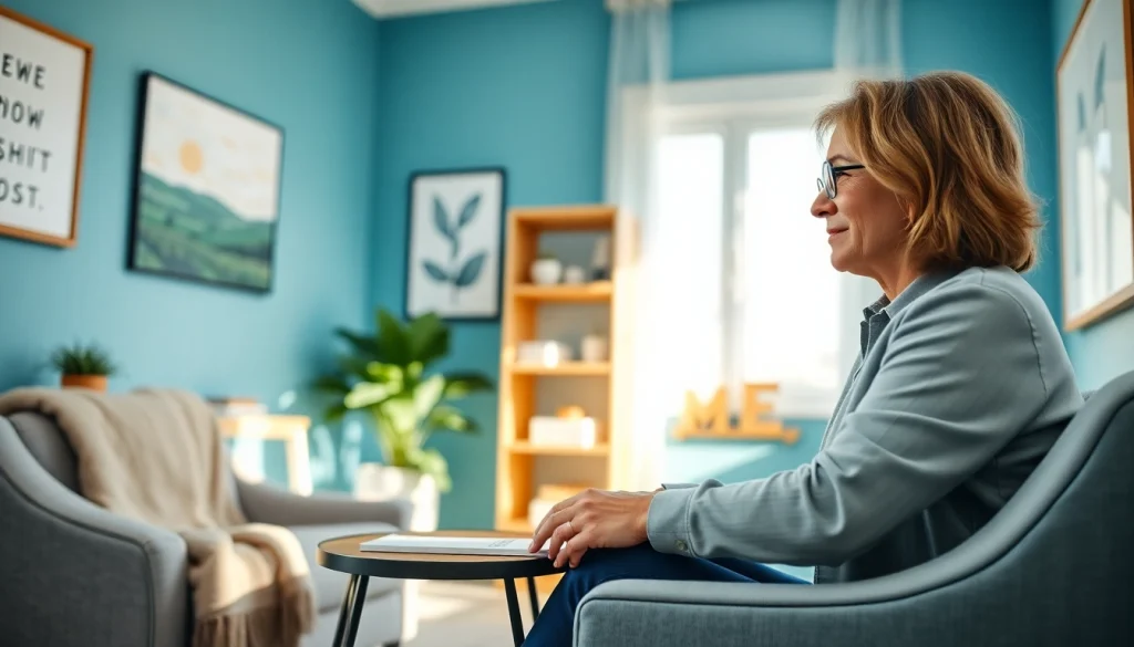 Therapist interacting with a client in a calming, professional setting.