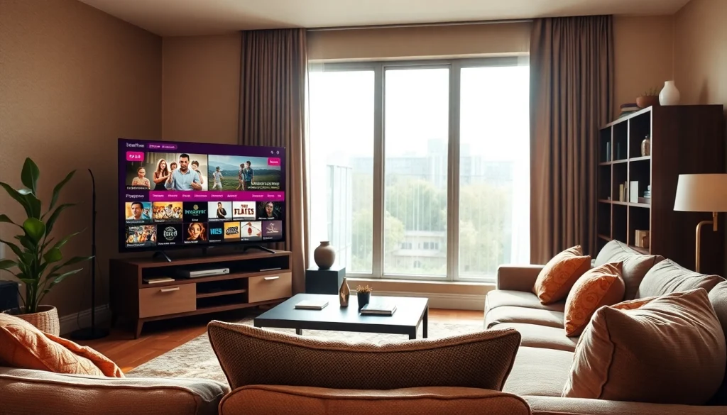 Comprar IPTV en una sala de estar moderna equipada para entretenimiento familiar.