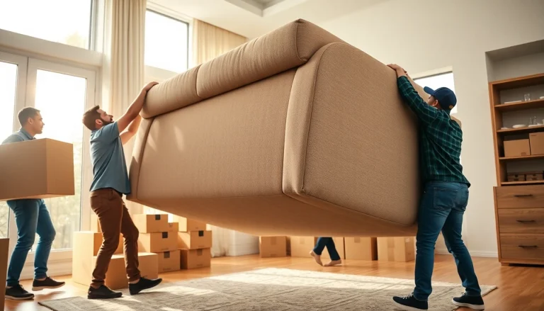 Moving team assisting with Toronto moving services, lifting a large couch in a bright, modern home.