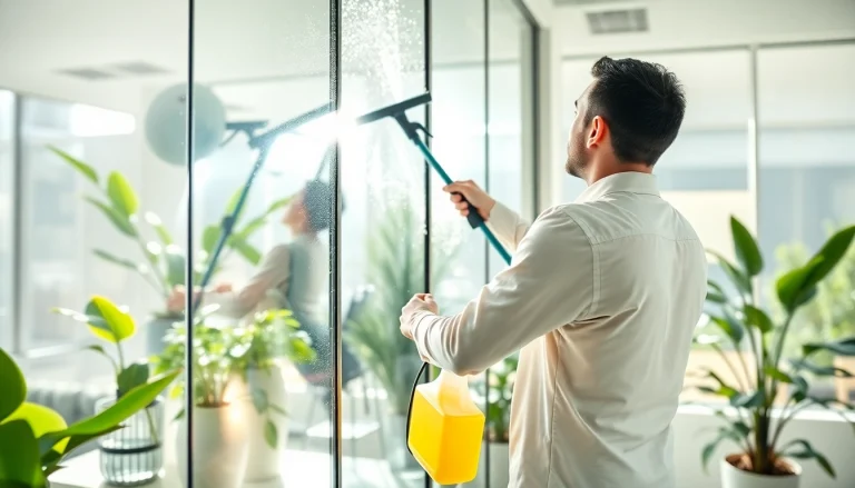 Fensterreinigung Gießen mit professionellem Fensterputzer in modernem Büro.