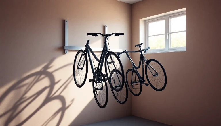 Organized bikes on a Space-saving bike rack in a contemporary garage environment.