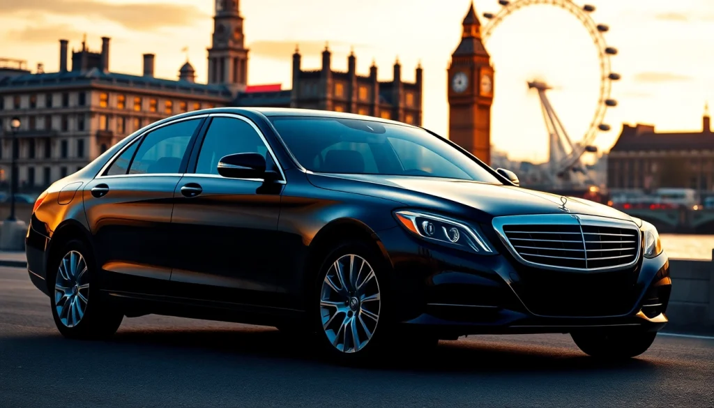 Experience luxury chauffeur service london with an elegant black sedan against iconic London landmarks.