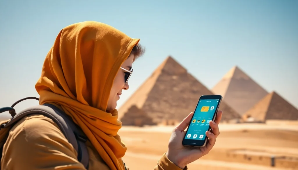 Verwendung von eSIM Ägypten durch Reisenden vor den Pyramiden.