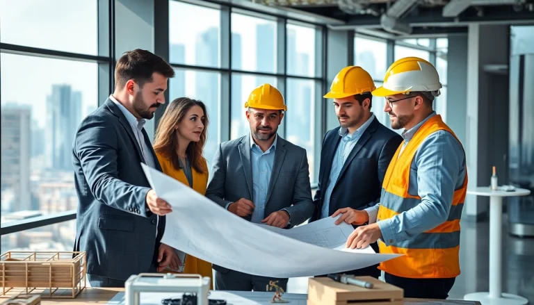 Collaborative meeting of New York City Commercial General Contractor team reviewing project plans.
