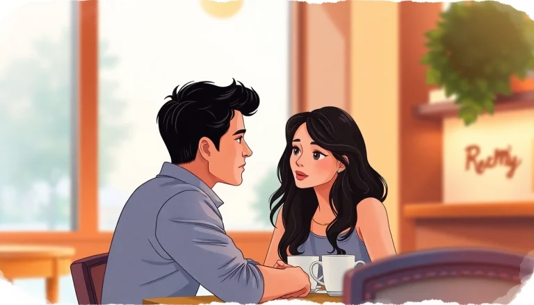 Couple communicating in relationships at a cozy café, showcasing open body language and connection.