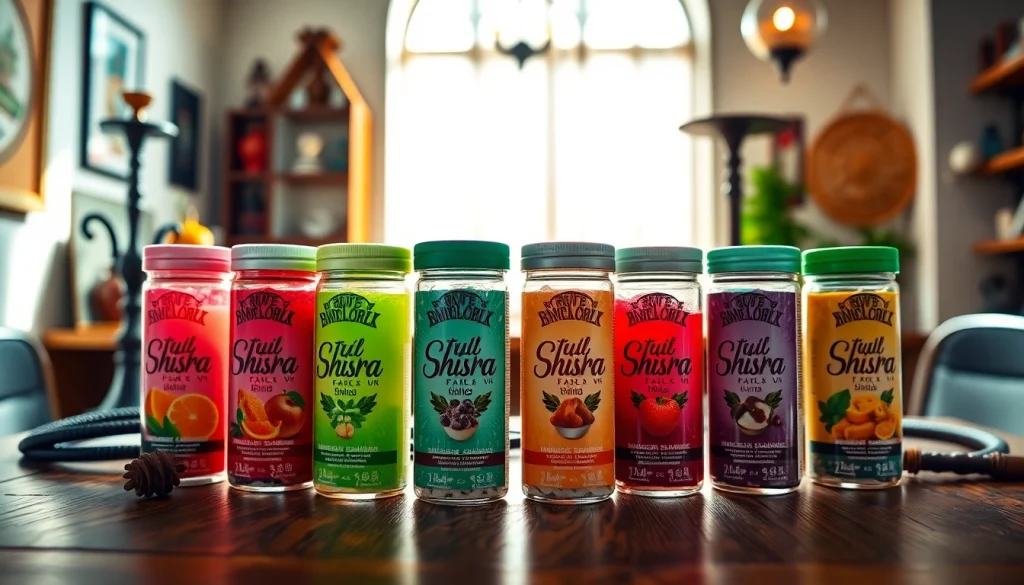 Delicious shisha hookah flavors displayed elegantly in vibrant containers on a table.