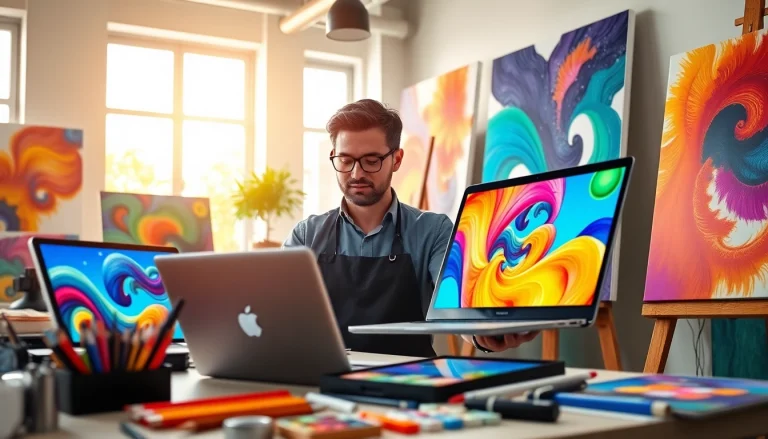 Creating stunning visuals using the canva ai image generator in a vibrant art studio.