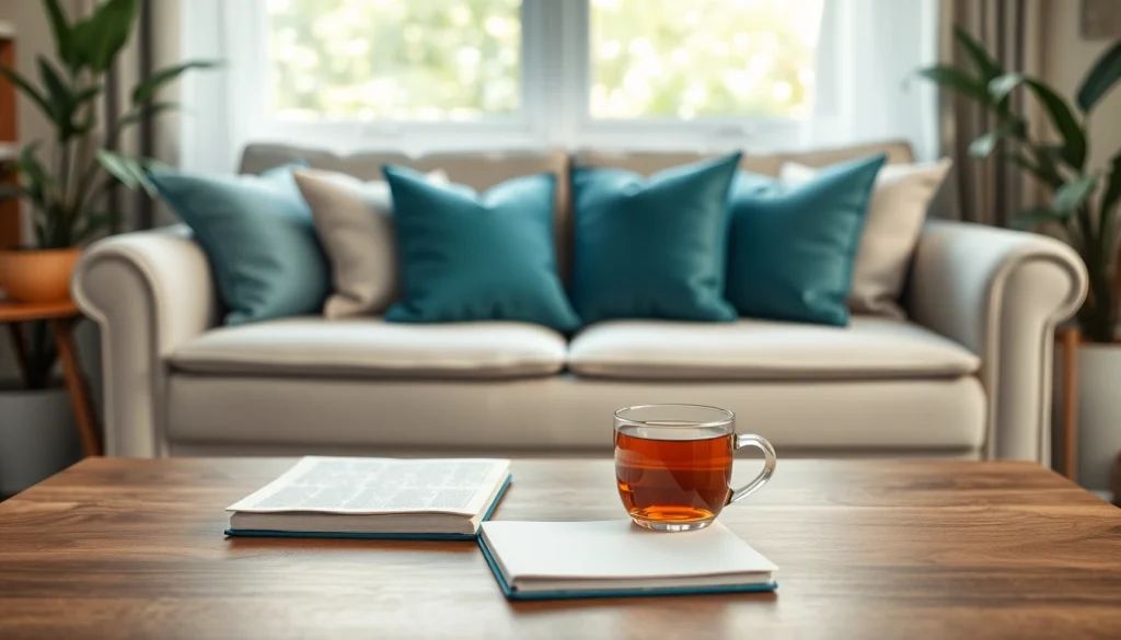 Engage in professional counselling in a serene, inviting setting with calming colors and soft lighting.