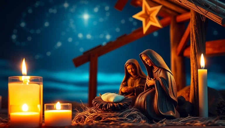 Handcrafted Nativity sets showcasing the Holy Family in a warm, inviting Christmas scene.